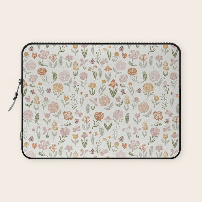 Botanical Woodcut - floral daisies, ditsy woodcut, boho, fall, autumn, flowers Laptop Sleeve Gallery Image 1