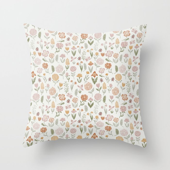 Botanical Woodcut - floral daisies, ditsy woodcut, boho, fall, autumn, flowers Throw Pillow Gallery Image 1
