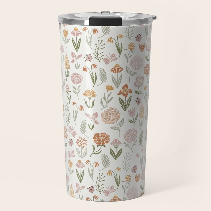 Botanical Woodcut - floral daisies, ditsy woodcut, boho, fall, autumn, flowers Travel Mug Gallery Image 1