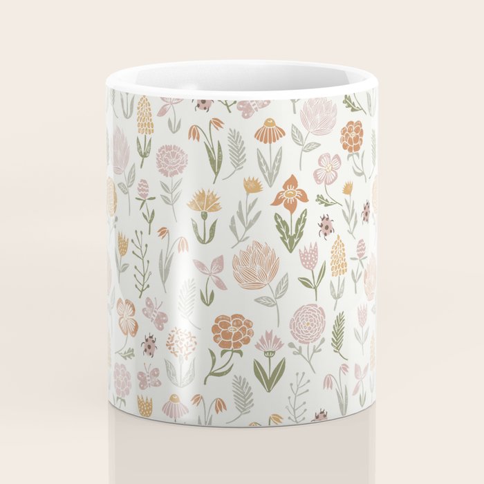 Botanical Woodcut - floral daisies, ditsy woodcut, boho, fall, autumn, flowers Coffee Mug Gallery Image 4