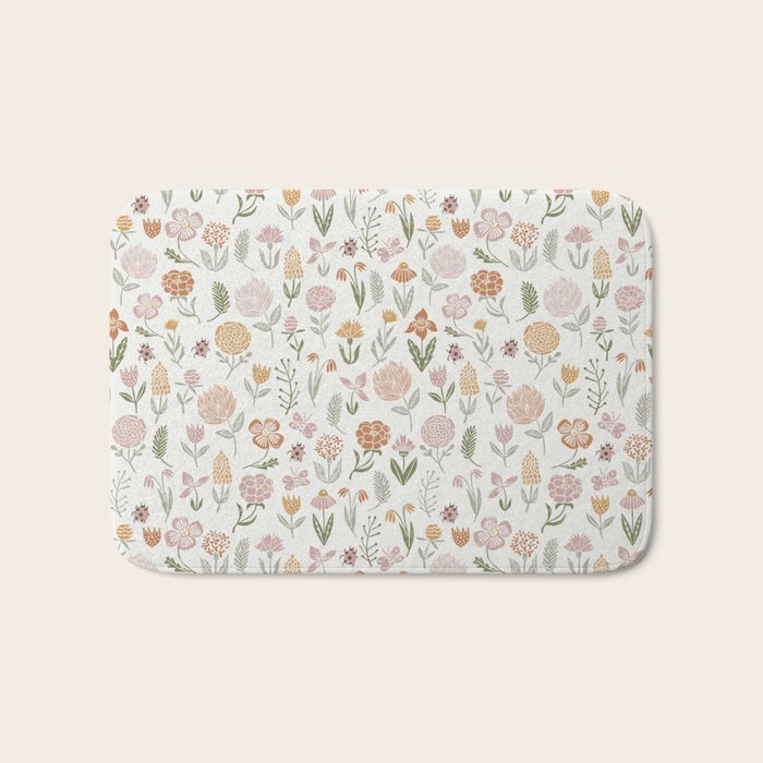 Botanical Woodcut - floral daisies, ditsy woodcut, boho, fall, autumn, flowers Bath Mat Gallery Image 1
