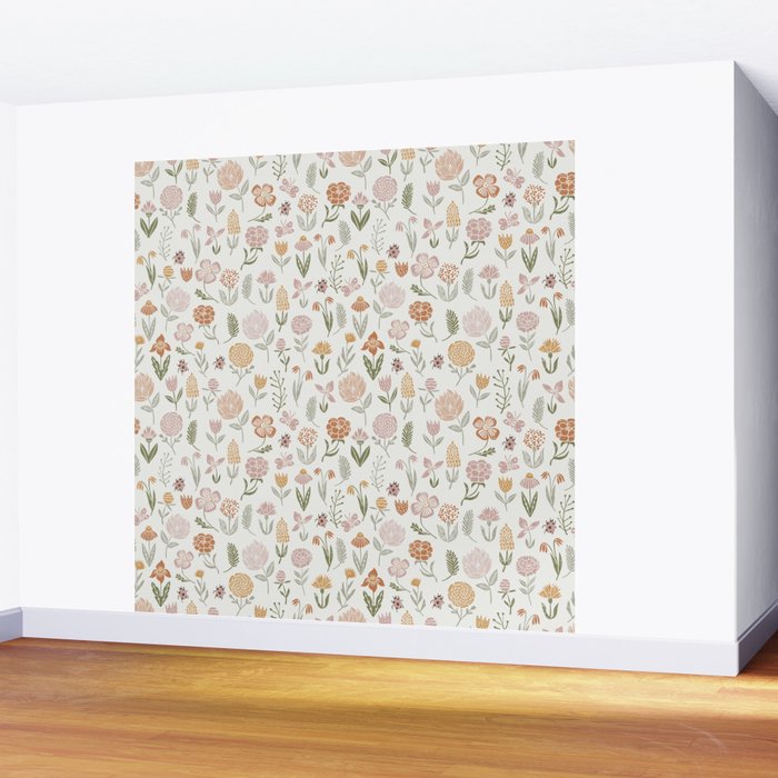 Botanical Woodcut - floral daisies, ditsy woodcut, boho, fall, autumn, flowers Wall Mural Gallery Image 2
