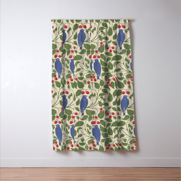 Vintage Blue Birds And Cherries Window Curtain Gallery Image 3