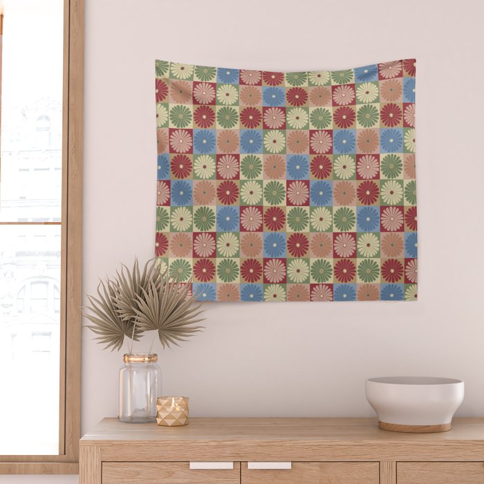 Retro Flowers Check Pattern XIX Wall Tapestry Gallery Image 2