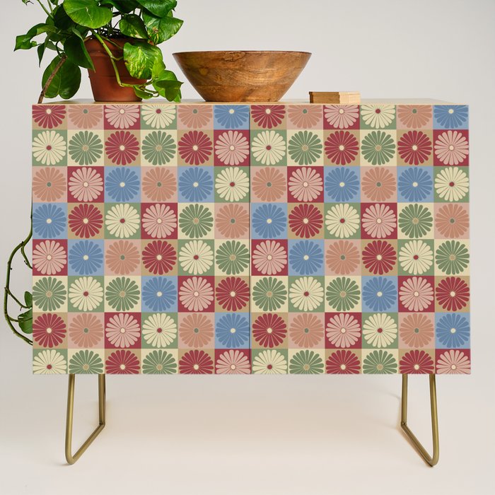 Retro Flowers Check Pattern XIX Credenza Gallery Image 1
