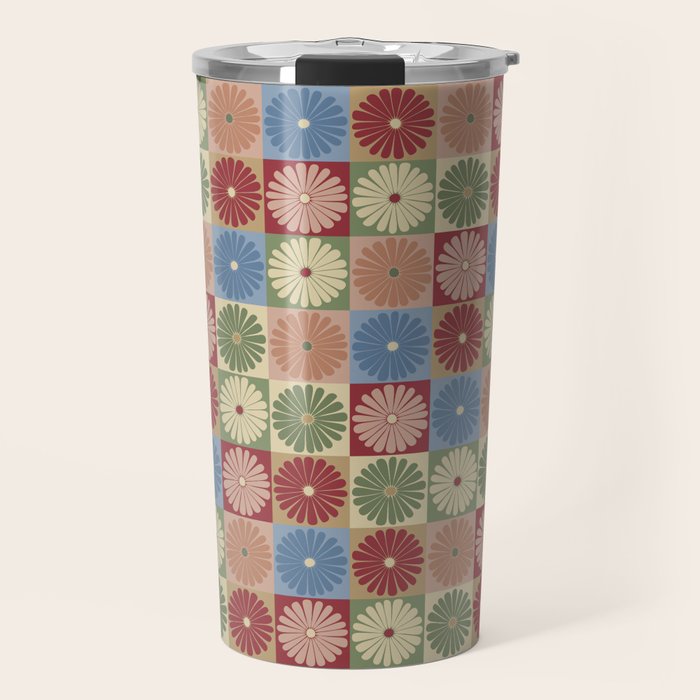 Retro Flowers Check Pattern XIX Travel Mug Gallery Image 1