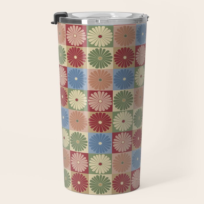 Retro Flowers Check Pattern XIX Travel Mug Gallery Image 3
