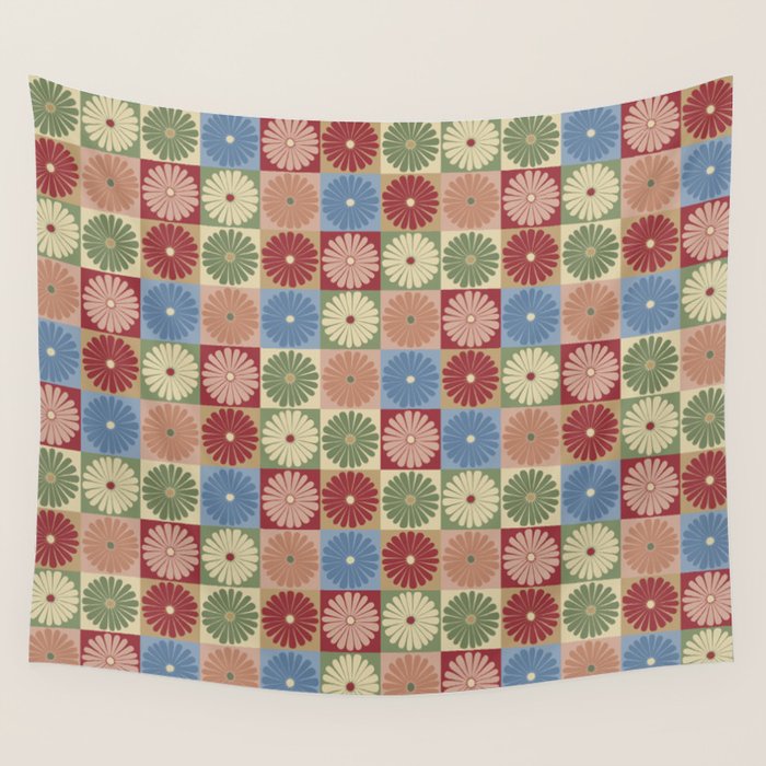 Retro Flowers Check Pattern XIX Wall Tapestry Gallery Image 1