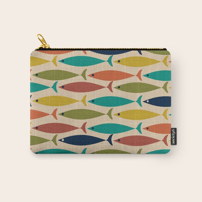 Midcentury Modern Multicolor Fish Pattern 2 in Olive, Mustard, Orange, Teal, Beige Carry All Pouch Gallery Image 1