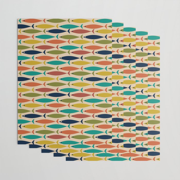 Midcentury Modern Multicolor Fish Pattern 2 in Olive, Mustard, Orange, Teal, Beige Wrapping Paper Gallery Image 3
