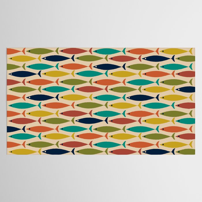 Midcentury Modern Multicolor Fish Pattern 2 in Olive, Mustard, Orange, Teal, Beige Tablecloth Gallery Image 2