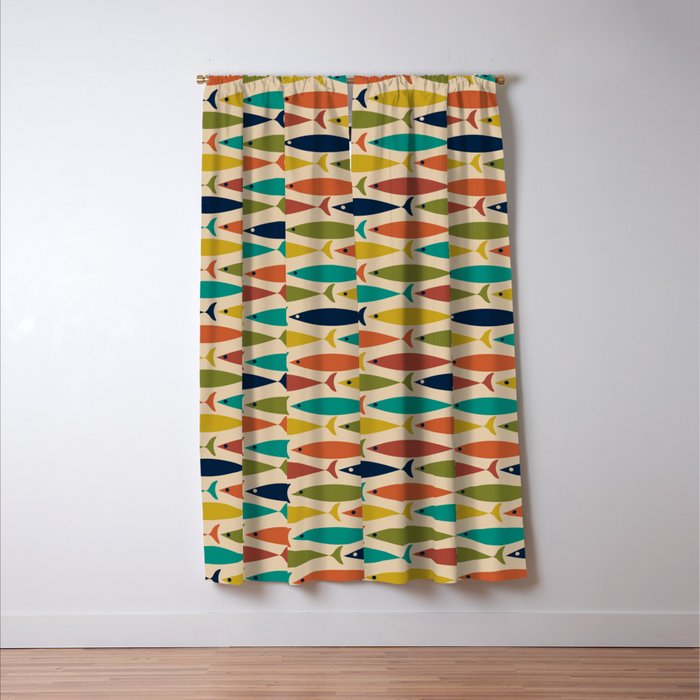 Midcentury Modern Multicolor Fish Pattern 2 in Olive, Mustard, Orange, Teal, Beige Window Curtain Gallery Image 3