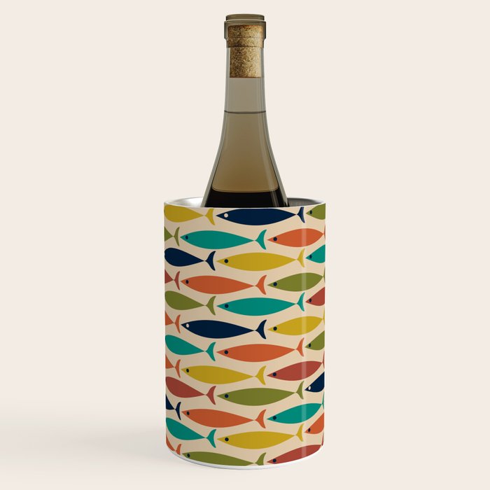 Midcentury Modern Multicolor Fish Pattern 2 in Olive, Mustard, Orange, Teal, Beige Wine Chiller Gallery Image 2