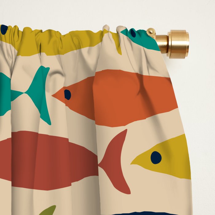 Midcentury Modern Multicolor Fish Pattern 2 in Olive, Mustard, Orange, Teal, Beige Window Curtain Gallery Image 2