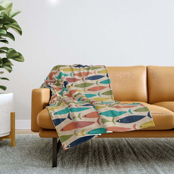 Midcentury Modern Multicolor Fish Pattern 2 in Olive, Mustard, Orange, Teal, Beige Throw Blanket Gallery Image 1