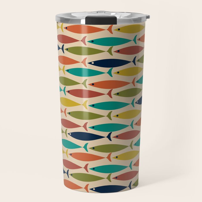 Midcentury Modern Multicolor Fish Pattern 2 in Olive, Mustard, Orange, Teal, Beige Travel Mug Gallery Image 1