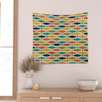 Midcentury Modern Multicolor Fish Pattern 2 in Olive, Mustard, Orange, Teal, Beige Wall Tapestry Gallery Image 2