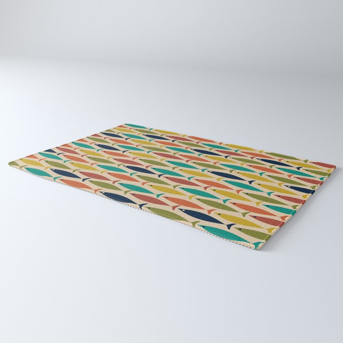 Midcentury Modern Multicolor Fish Pattern 2 in Olive, Mustard, Orange, Teal, Beige Rug Gallery Image 3