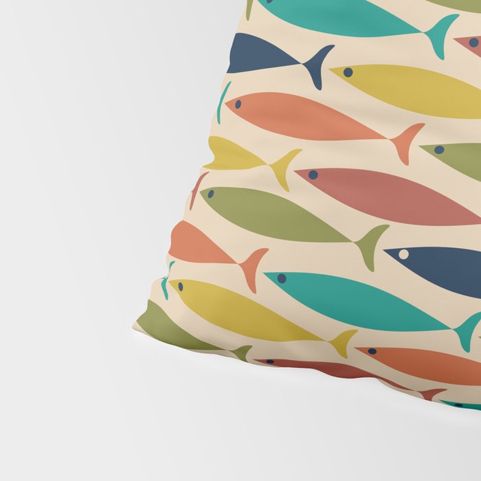 Midcentury Modern Multicolor Fish Pattern 2 in Olive, Mustard, Orange, Teal, Beige Pillow Sham Gallery Image 4
