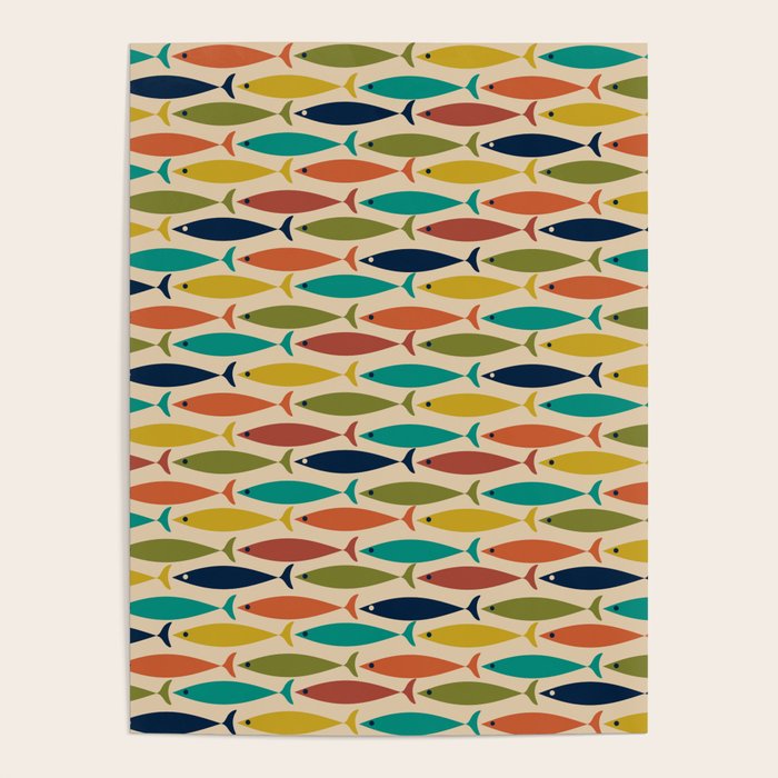 Midcentury Modern Multicolor Fish Pattern 2 in Olive, Mustard, Orange, Teal, Beige Poster Gallery Image 4