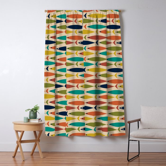 Midcentury Modern Multicolor Fish Pattern 2 in Olive, Mustard, Orange, Teal, Beige Window Curtain Gallery Image 5