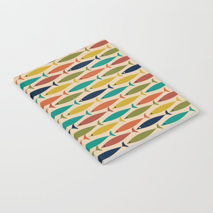 Midcentury Modern Multicolor Fish Pattern 2 in Olive, Mustard, Orange, Teal, Beige Notebook Gallery Image 1