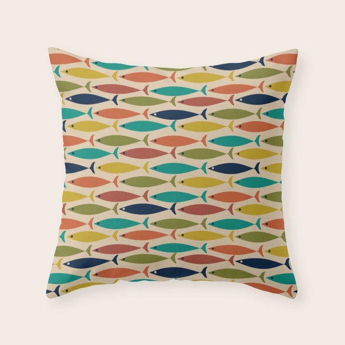 Midcentury Modern Multicolor Fish Pattern 2 in Olive, Mustard, Orange, Teal, Beige Throw Pillow Gallery Image 1