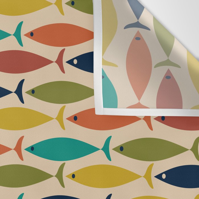 Midcentury Modern Multicolor Fish Pattern 2 in Olive, Mustard, Orange, Teal, Beige Wall Tapestry Gallery Image 3