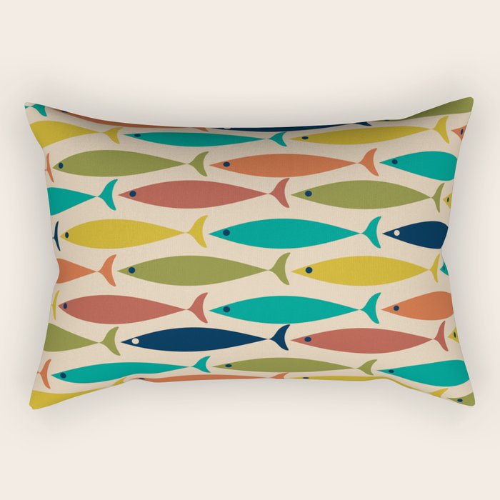 Midcentury Modern Multicolor Fish Pattern 2 in Olive, Mustard, Orange, Teal, Beige Rectangular Pillow Gallery Image 2