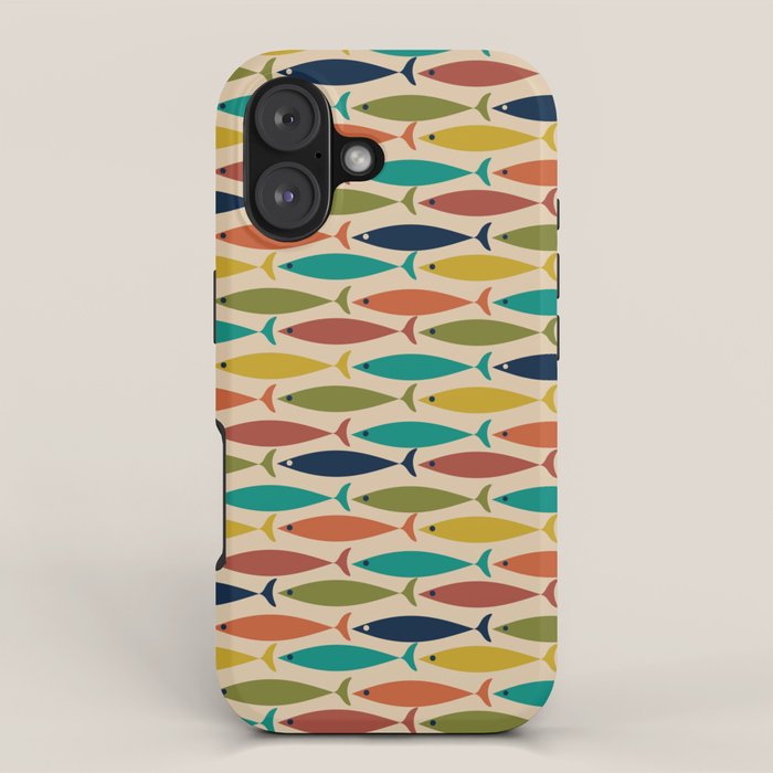 Midcentury Modern Multicolor Fish Pattern 2 in Olive, Mustard, Orange, Teal, Beige iPhone Case Gallery Image 1