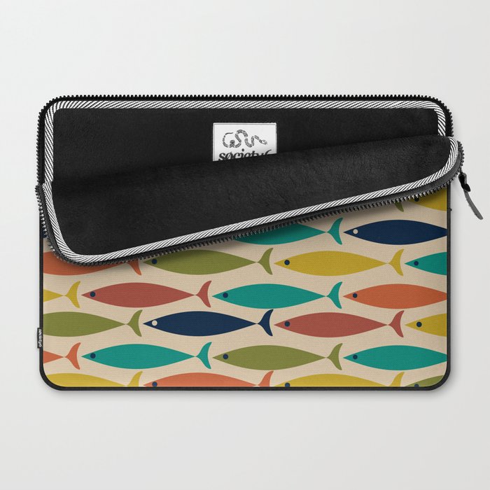 Midcentury Modern Multicolor Fish Pattern 2 in Olive, Mustard, Orange, Teal, Beige Laptop Sleeve Gallery Image 2