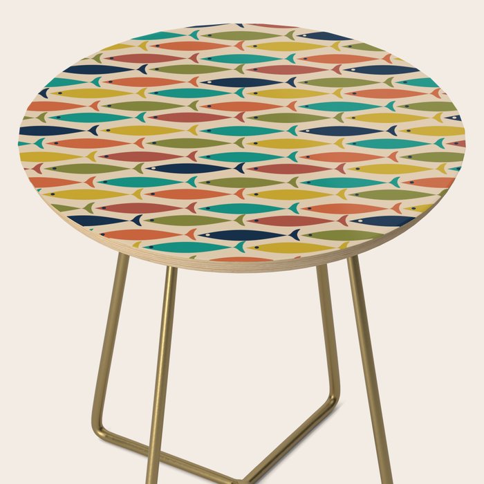 Midcentury Modern Multicolor Fish Pattern 2 in Olive, Mustard, Orange, Teal, Beige Side Table Gallery Image 2