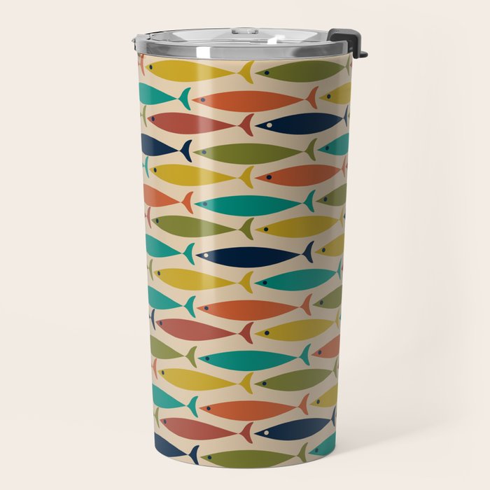 Midcentury Modern Multicolor Fish Pattern 2 in Olive, Mustard, Orange, Teal, Beige Travel Mug Gallery Image 2
