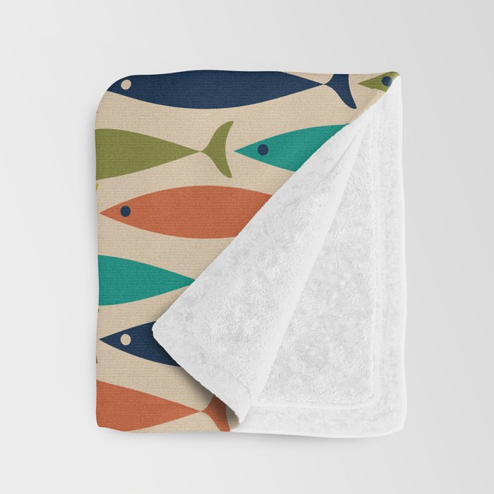 Midcentury Modern Multicolor Fish Pattern 2 in Olive, Mustard, Orange, Teal, Beige Throw Blanket Gallery Image 3