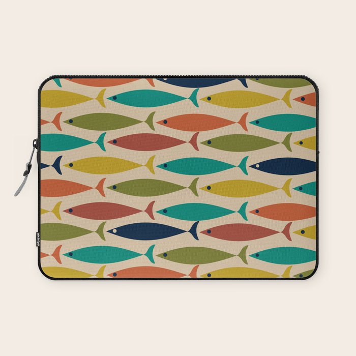 Midcentury Modern Multicolor Fish Pattern 2 in Olive, Mustard, Orange, Teal, Beige Laptop Sleeve Gallery Image 1
