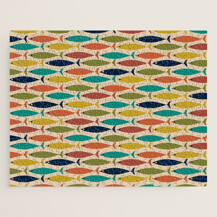 Midcentury Modern Multicolor Fish Pattern 2 in Olive, Mustard, Orange, Teal, Beige Jigsaw Puzzle Gallery Image 1