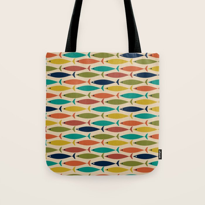 Midcentury Modern Multicolor Fish Pattern 2 in Olive, Mustard, Orange, Teal, Beige Tote Bag Gallery Image 1