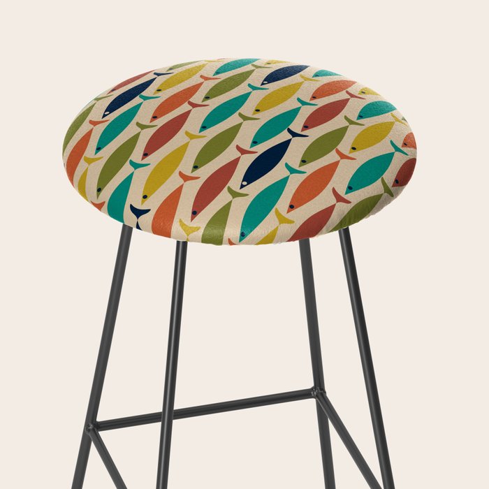 Midcentury Modern Multicolor Fish Pattern 2 in Olive, Mustard, Orange, Teal, Beige Stool Gallery Image 2