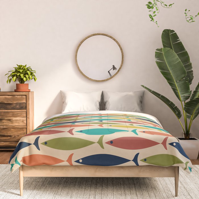 Midcentury Modern Multicolor Fish Pattern 2 in Olive, Mustard, Orange, Teal, Beige Comforter Gallery Image 3