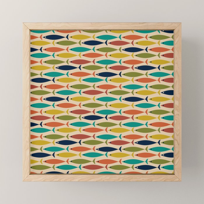 Midcentury Modern Multicolor Fish Pattern 2 in Olive, Mustard, Orange, Teal, Beige Mini Art Print Gallery Image 1