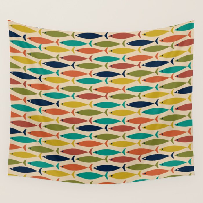 Midcentury Modern Multicolor Fish Pattern 2 in Olive, Mustard, Orange, Teal, Beige Wall Tapestry Gallery Image 4