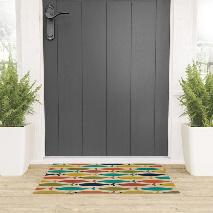 Midcentury Modern Multicolor Fish Pattern 2 in Olive, Mustard, Orange, Teal, Beige Welcome Mat Gallery Image 3
