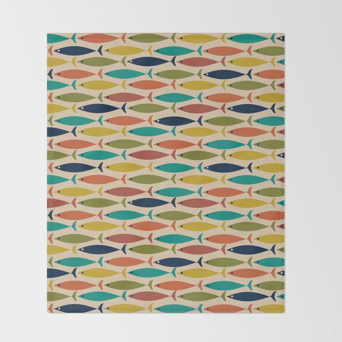 Midcentury Modern Multicolor Fish Pattern 2 in Olive, Mustard, Orange, Teal, Beige Throw Blanket Gallery Image 2