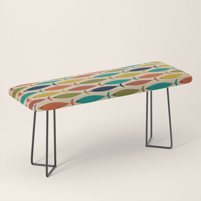 Midcentury Modern Multicolor Fish Pattern 2 in Olive, Mustard, Orange, Teal, Beige Bench Gallery Image 1