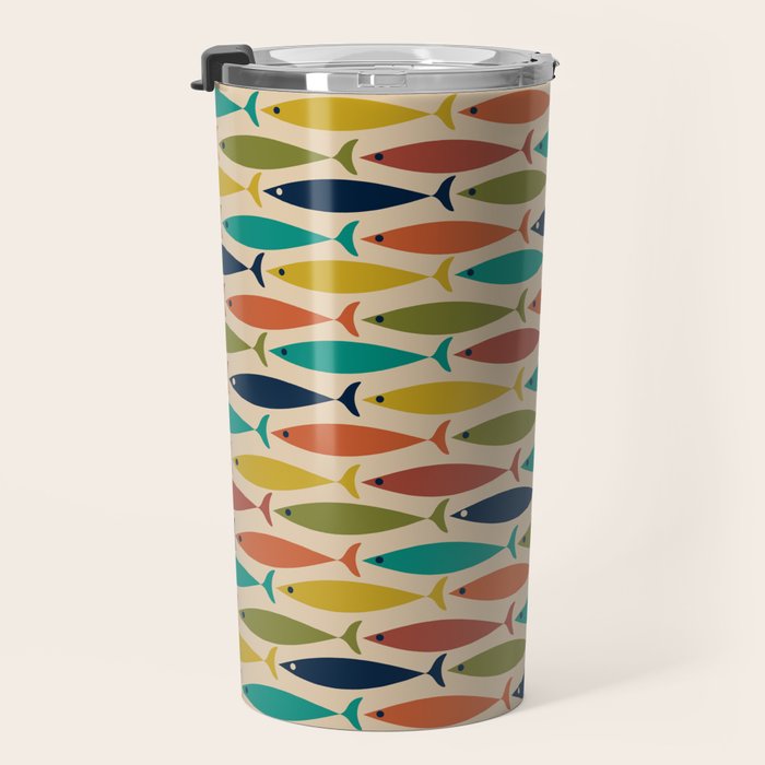Midcentury Modern Multicolor Fish Pattern 2 in Olive, Mustard, Orange, Teal, Beige Travel Mug Gallery Image 3
