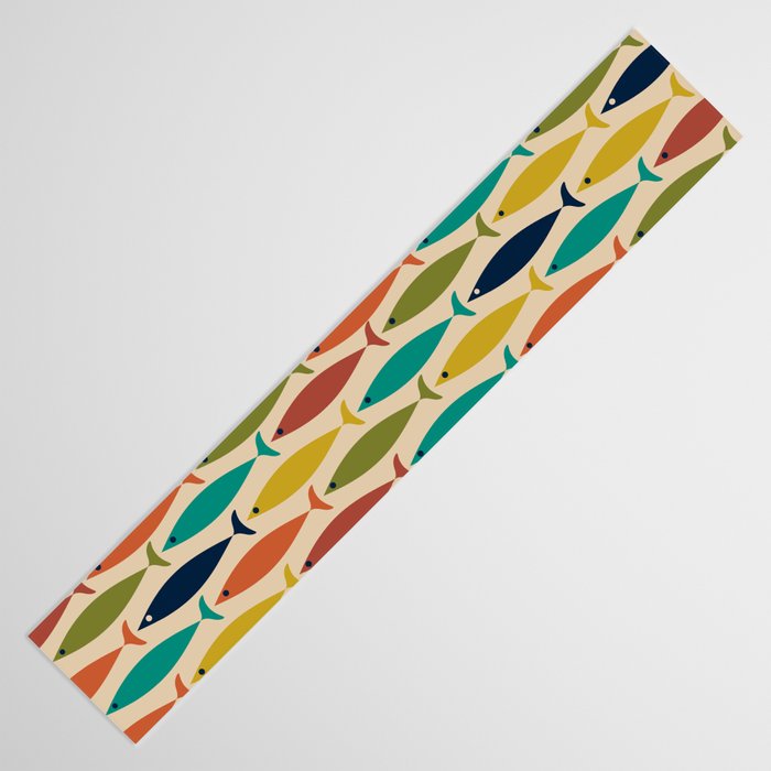 Midcentury Modern Multicolor Fish Pattern 2 in Olive, Mustard, Orange, Teal, Beige Table Runner Gallery Image 3