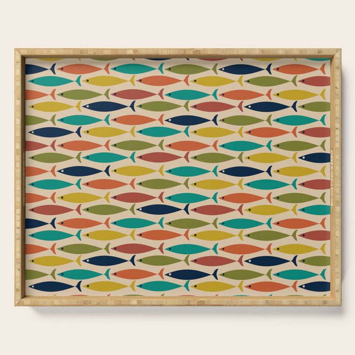 Midcentury Modern Multicolor Fish Pattern 2 in Olive, Mustard, Orange, Teal, Beige Serving Tray Gallery Image 1