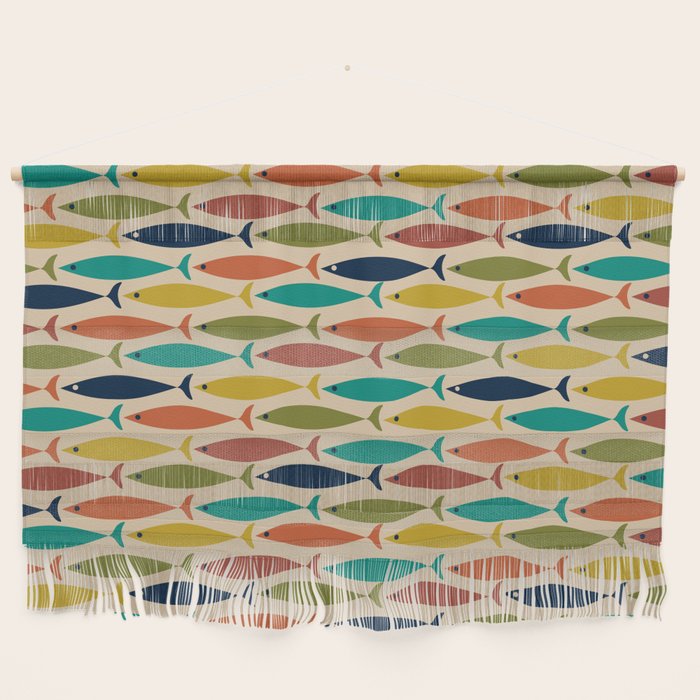 Midcentury Modern Multicolor Fish Pattern 2 in Olive, Mustard, Orange, Teal, Beige Wall Hanging Gallery Image 1