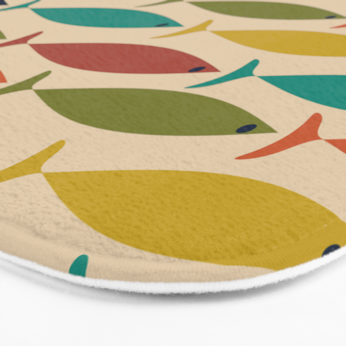 Midcentury Modern Multicolor Fish Pattern 2 in Olive, Mustard, Orange, Teal, Beige Bath Mat Gallery Image 3