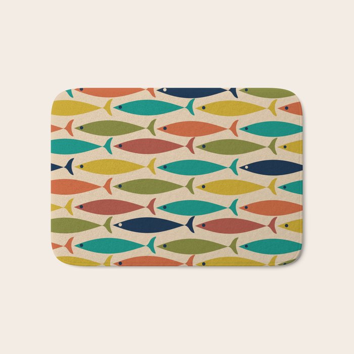 Midcentury Modern Multicolor Fish Pattern 2 in Olive, Mustard, Orange, Teal, Beige Bath Mat Gallery Image 1